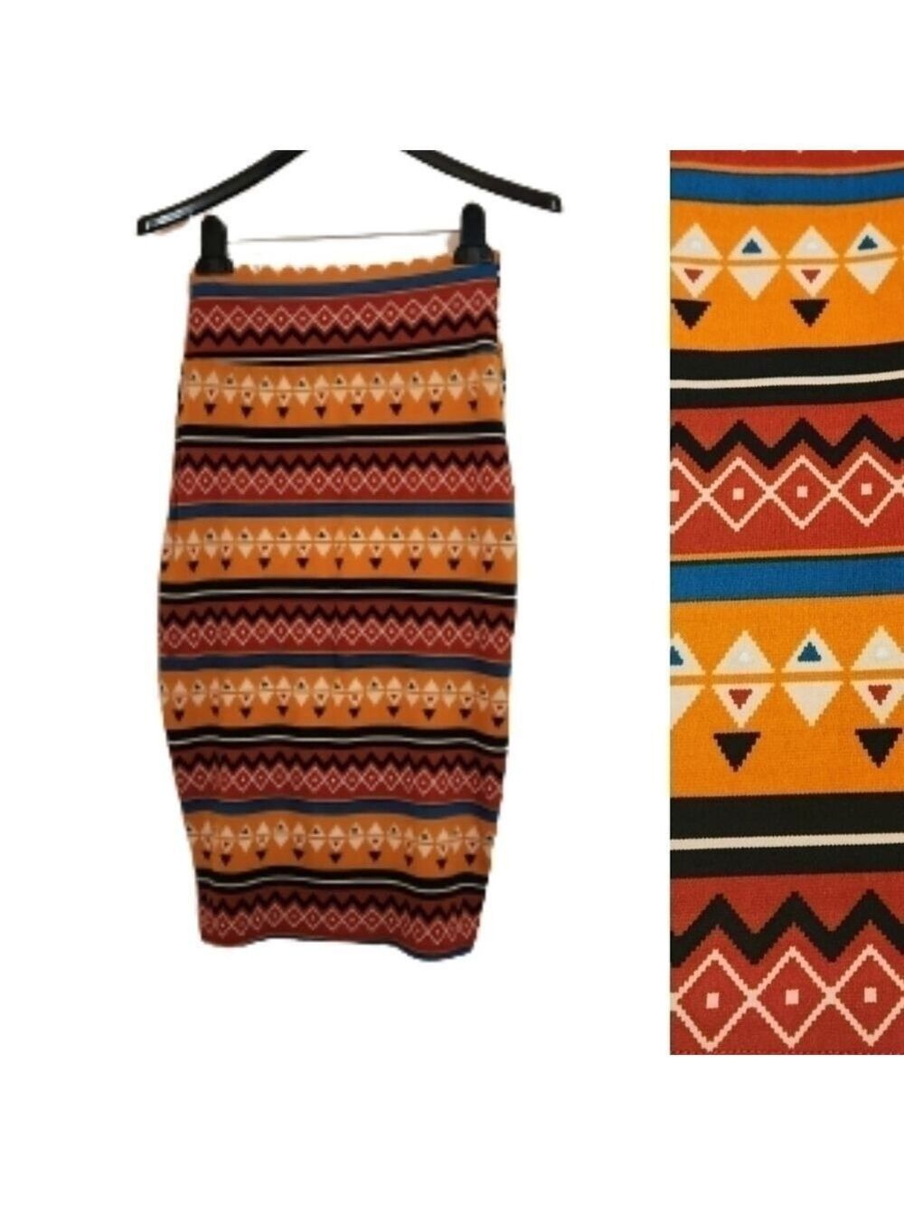 K Too Orange Red Tribal Print High Waist Knit Skirt XSmall